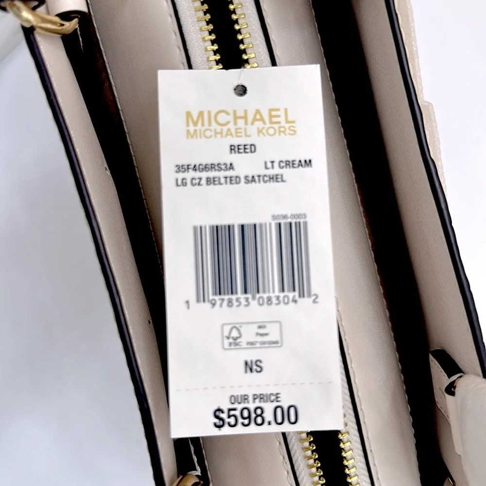 MICHAEL KORS Reed Large Leather Belted Satchel Crossbody Handbag Center Zip